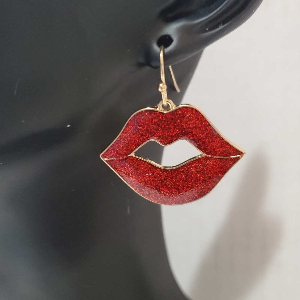 Red Glittery Lips Earrings With Gold Trim
